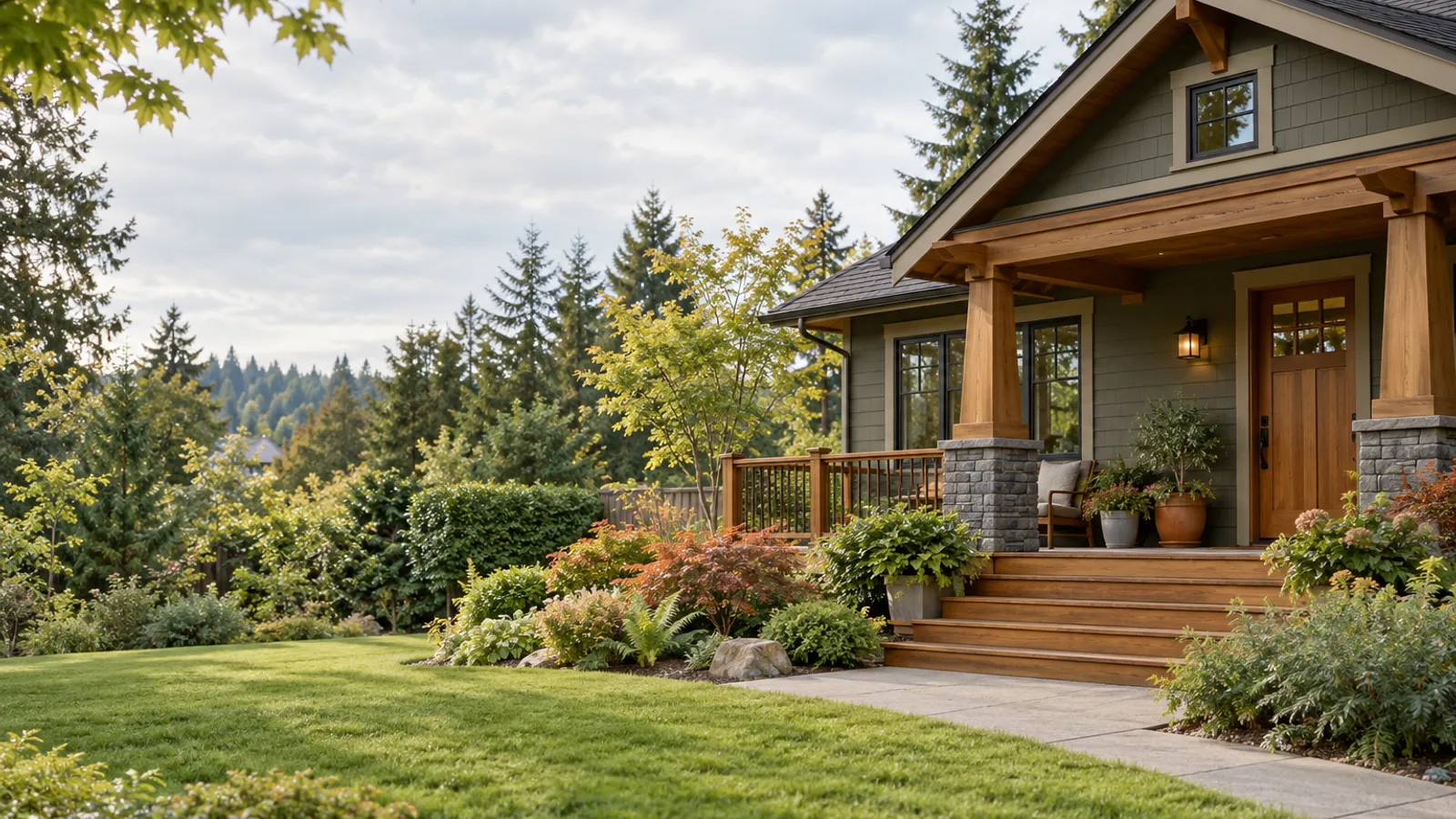 Pacific Northwest home with a wood porch among evergreen landscaping